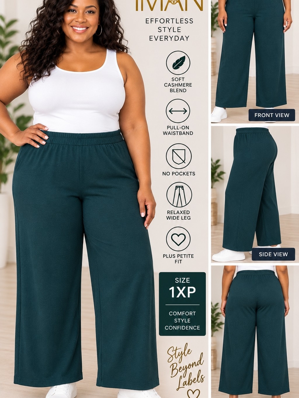 IMAN 1XP Teal Cashmere Blend Pull-On Wide Leg Pants NWT